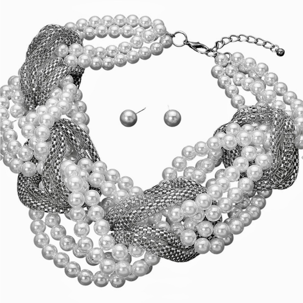 White Faux Pearl & Silver Twisted Statement Necklace - Women Jewelry - Picture 2 of 3